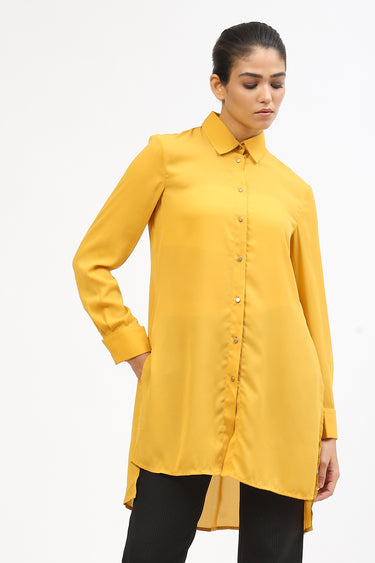 Mustard Yellow Georgette Womens Top With Asymmetric Hem