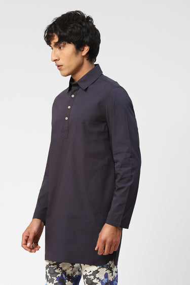 Navy Blue Mens  Stretch Poplin Kurta With Contrasting Buttons