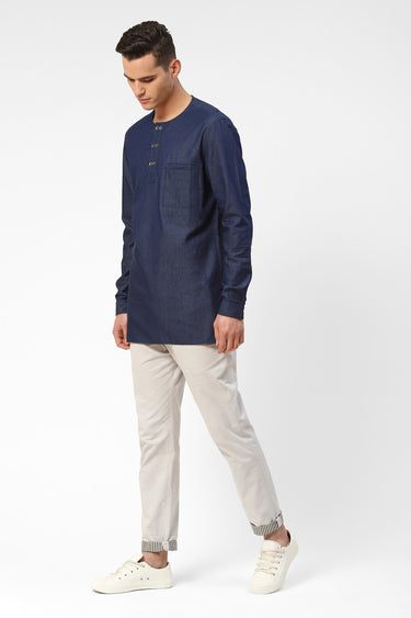 Indigo Blue Mens Kurta With Double Button Placket Detail