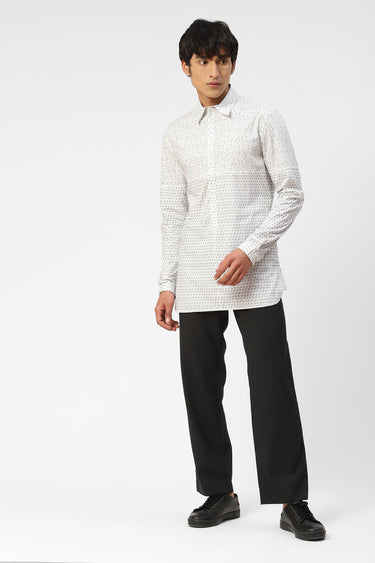 White Mens Kurta With Double Print