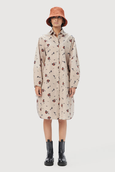 Elegant A-Line Shirt Dress with All-Over Fish Print