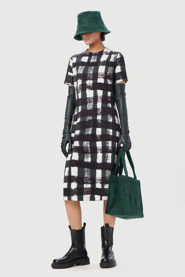 Slim Fit Round Neck Dress with All-Over Large Checks Print