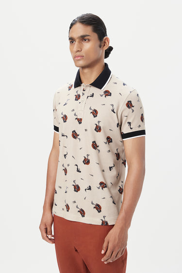 Regular Fit Polo T-Shirt with All-Over Fish Print