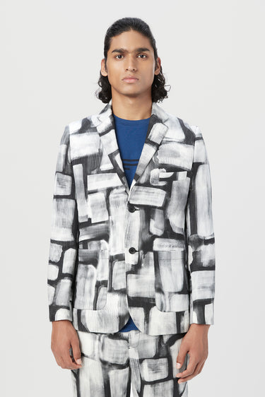 Regular Fit Two-Button Jacket with Overall Abstract Check Print