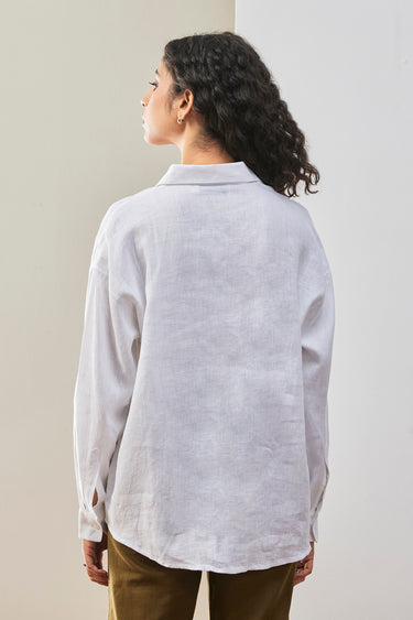 White Linen Shirt with Tonal Embroidered Signature