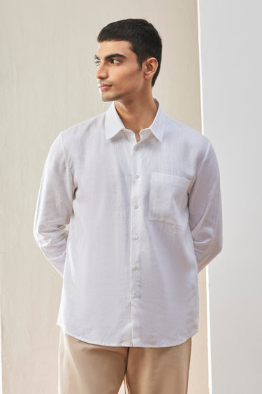 White Linen Regular Fit Button-Down Shirt