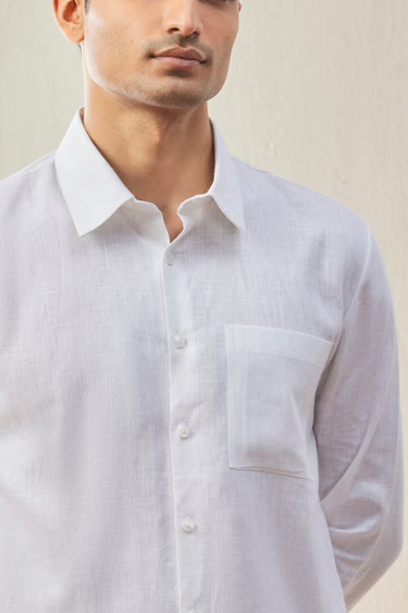 White Linen Regular Fit Button-Down Shirt