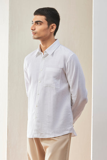 White Linen Regular Fit Button-Down Shirt