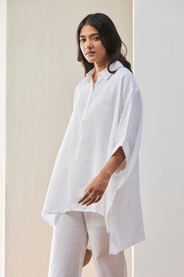 White Linen Oversized Shirt with Tonal Embroidered Signature