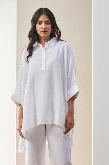 White Linen Oversized Shirt with Tonal Embroidered Signature