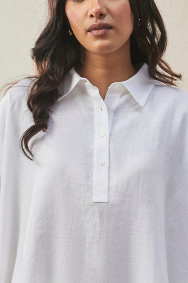 White Linen Oversized Shirt with Tonal Embroidered Signature