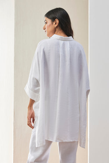 White Linen Oversized Shirt with Tonal Embroidered Signature