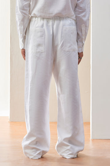 White Linen Trousers with Back Patch Pocket