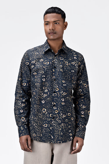 Khaki Cotton Poplin Regular Fit Shirt with Animal Print