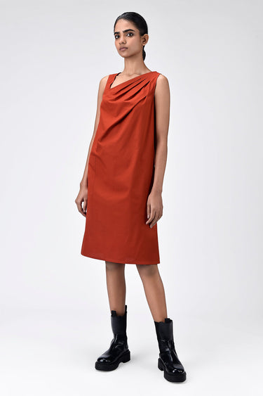 Cotton Poplin A-Line Dress with Asymmetric Neck