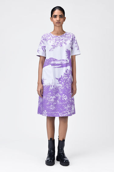 Women's Landscape Print A-Line Cotton Poplin Dress