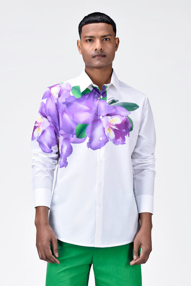 Regular Fit Men's Button-Down Shirt With Orchid Floral Print Placement