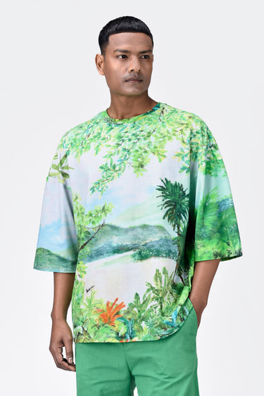 Men's Oversized Pixelated Landscape Print T-Shirt