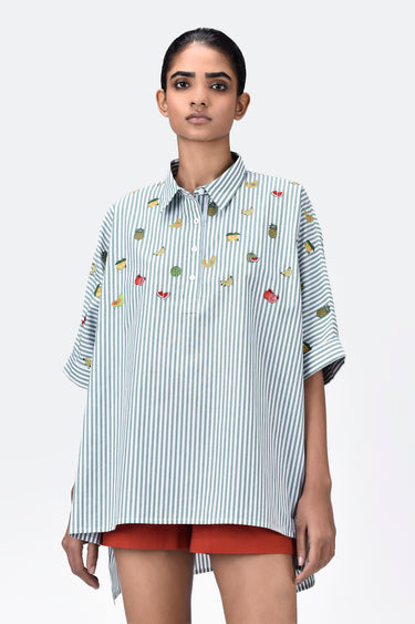 Oversized Cotton Shirt With Fruit Motifs Embroidery