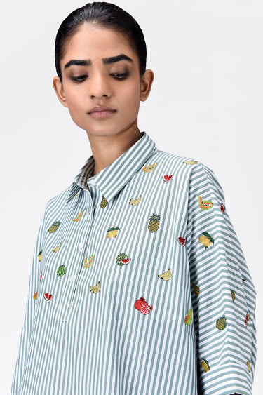 Oversized Cotton Shirt With Fruit Motifs Embroidery