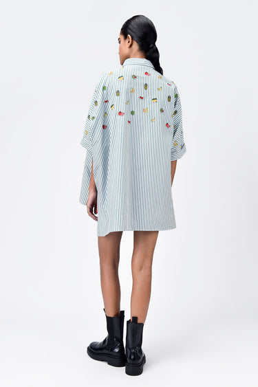 Oversized Cotton Shirt With Fruit Motifs Embroidery