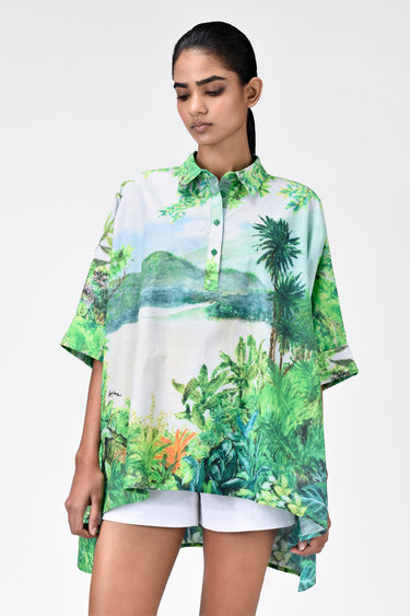 Oversized Cotton Poplin Shirt With Landscape Print