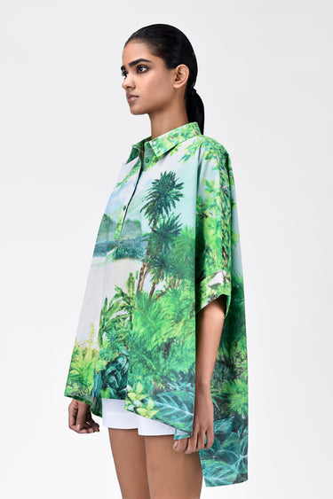 Oversized Cotton Poplin Shirt With Landscape Print