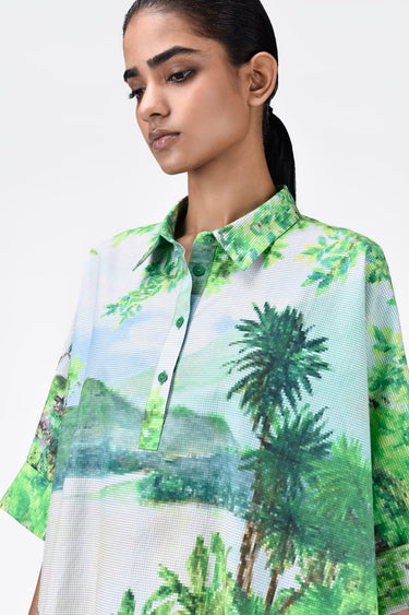 Oversized Cotton Poplin Shirt With Landscape Print