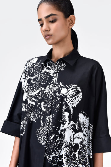 Women's Orchid Print Oversized Cotton Poplin Shirt Dress