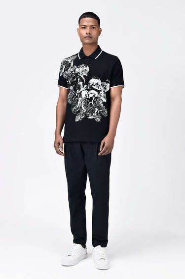 Regular Fit Polo with Contrast Tipping and Orchid Print - Black