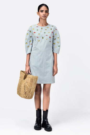 Striped Cotton Dress With Embroidered Fruit Motifs