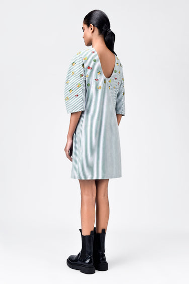 Striped Cotton Dress With Embroidered Fruit Motifs