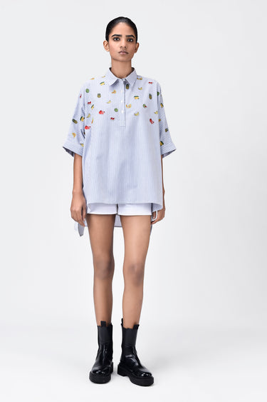 Oversized Cotton Shirt With Fruit Motifs Embroidery