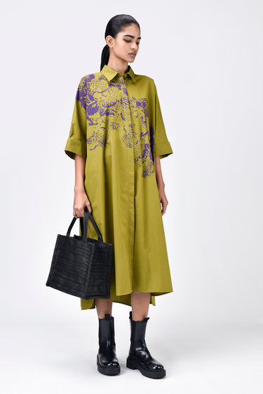 Women's Orchid Print Oversized Cotton Poplin Shirt Dress