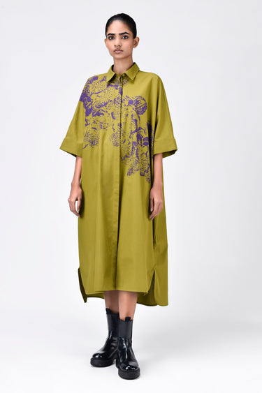 Women's Orchid Print Oversized Cotton Poplin Shirt Dress