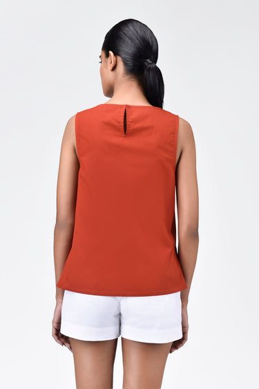 Cotton Poplin A-Line Sleeveless Top with Asymmetric Neck