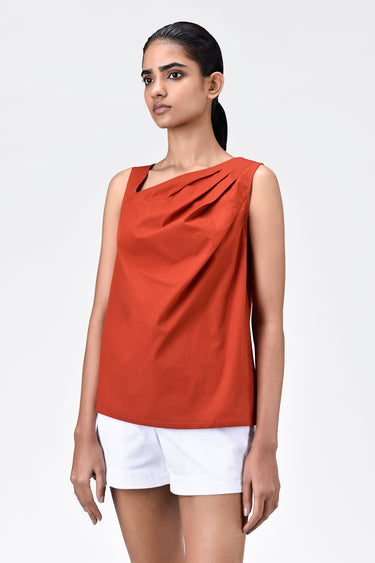 Cotton Poplin A-Line Sleeveless Top with Asymmetric Neck