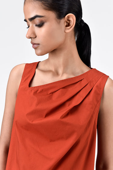 Cotton Poplin A-Line Sleeveless Top with Asymmetric Neck