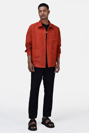 Easy Fit Button-Down Linen Herringbone Jacket with Patch Pockets - Coral Orange