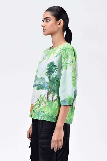 Landscape Print Top with Rounded Sleeves