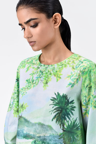 Landscape Print Top with Rounded Sleeves