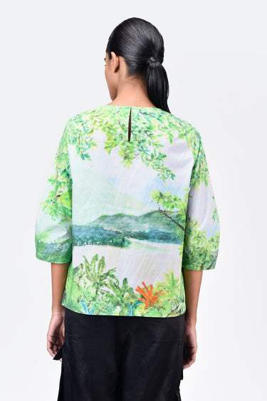 Landscape Print Top with Rounded Sleeves