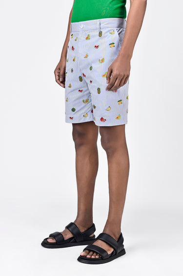 Blue Stripe Cotton Shorts With Fruit Motifs Embroidery