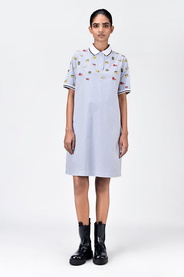 Cotton Polo Dress with Fruit Motif Embroidery