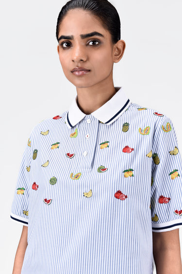 Cotton Polo Dress with Fruit Motif Embroidery