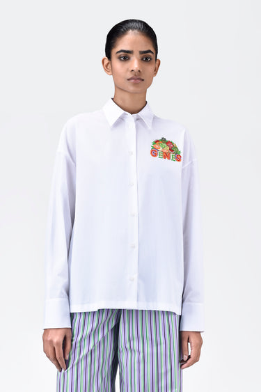 White Cotton Shirt with Fruit Basket Embroidery