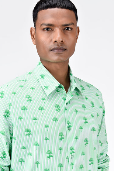 Cotton Poplin Regular Fit Shirt with Palm Stripes Print