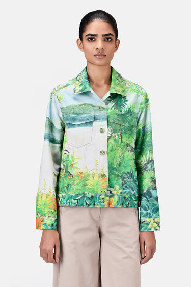 Easy Fit Denim-Style Jacket with Pixelated Landscape Print