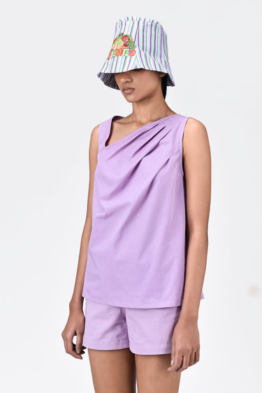 Cotton Poplin A-Line Sleeveless Top with Asymmetric Neck