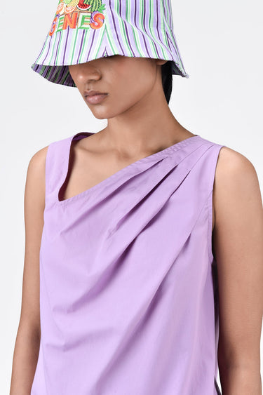 Cotton Poplin A-Line Sleeveless Top with Asymmetric Neck